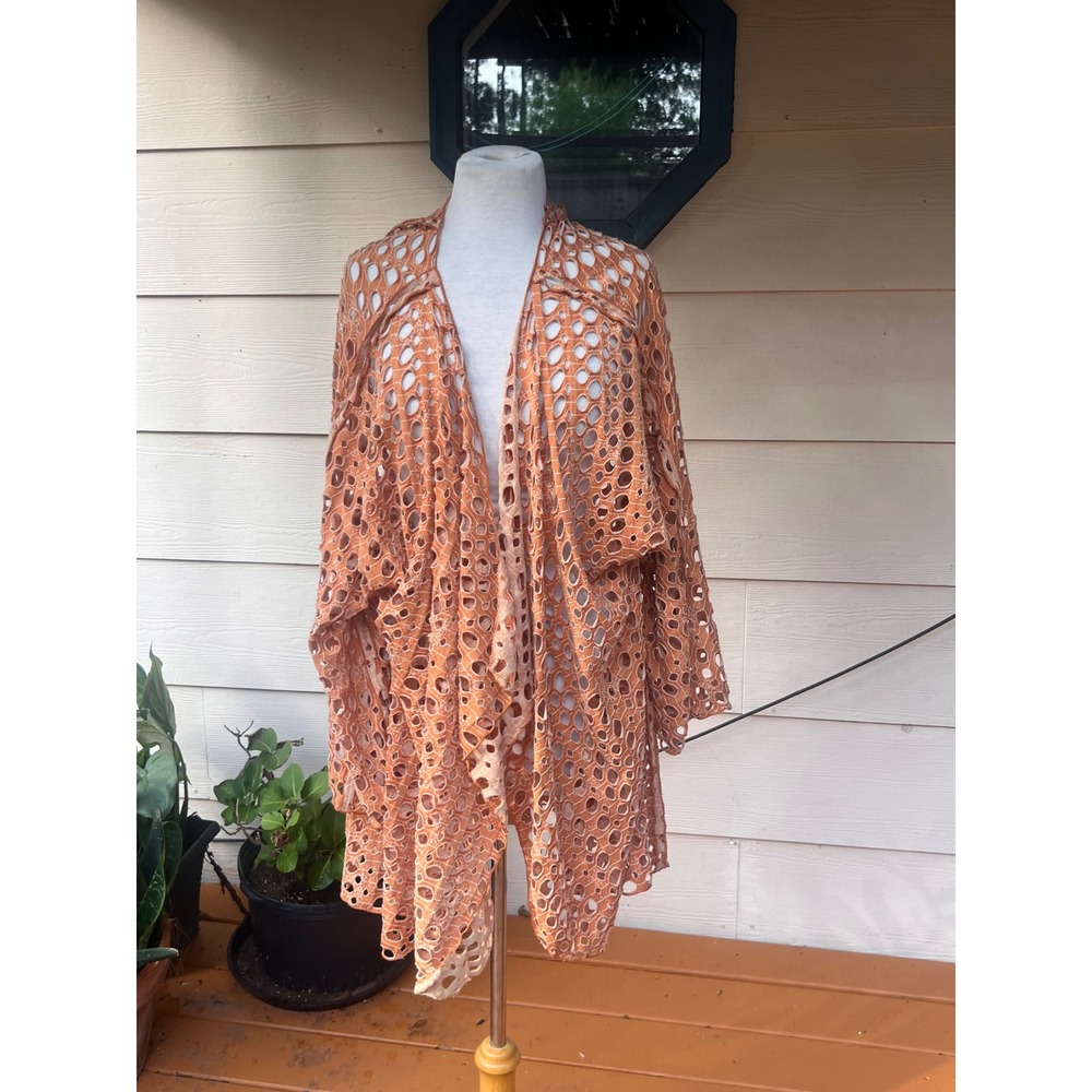 IC by Connie K Womens 3X Terracotta Orange Laser Cut Burnout Open Front Cardigan